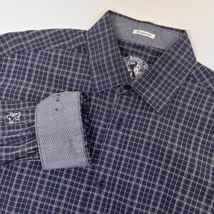 Bugatchi Men M Shaped Fit Shirt Dark Navy Windowpane Plaid Flip Cuff Long Sleeve